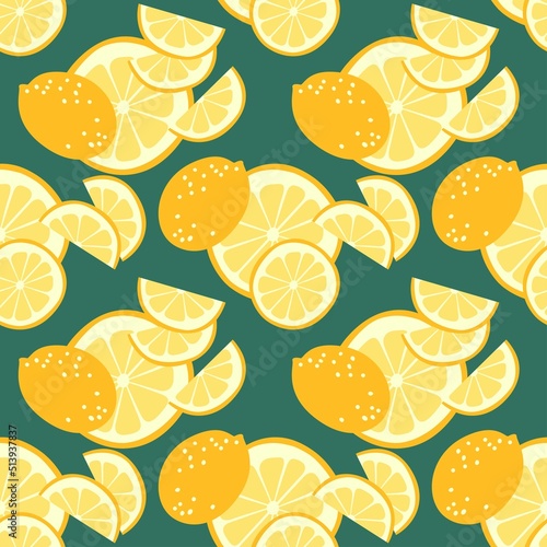 Seamless pattern with lemons on a green background. Juicy print for backgrounds, textiles and packaging. A food additive to many dishes that improves their taste. Flat illustration in cartoon style.