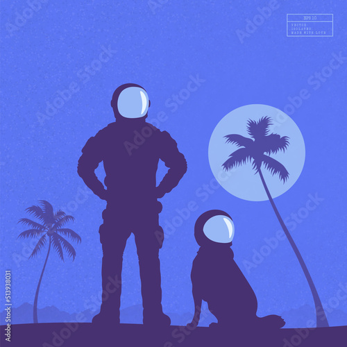Astronaut with dog. Cosmonaut on tropical planet. First man on Mars