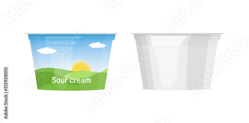 Sour cream, yogurt, soft or cottage cheese plastic or cardboard jar container, packaging empty and with farm label, cartoon style vector illustration isolated on white background