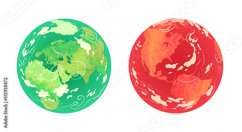 Planet Earth is red and green. Ecology  warming  climate change.