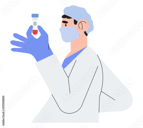 Doctor or scientist doing biochemical test analyses. Male medical or health care worker with test tube results or blood specimens. Concept for hospital, private clinic or commercial health center.