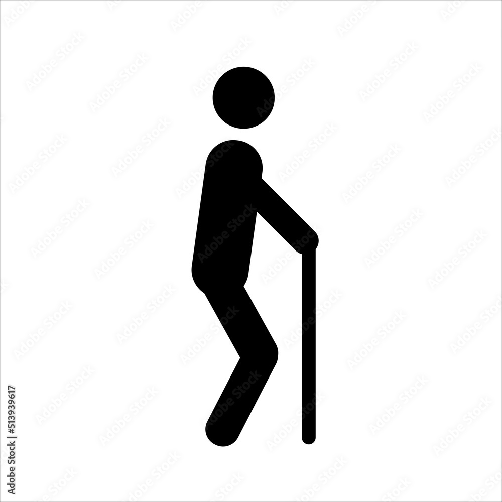 Old man icon, elder person with cane, senior generation, monochrome web symbol on white background - editable stroke vector illustration. Old man silhouette Old man icon, elder person with cane, senior generation, monochrome web symbol on white background - editable stroke vector illustration. Old man silhouette