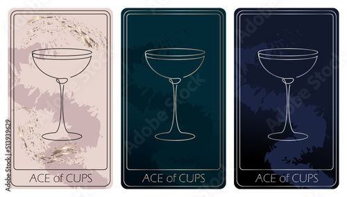 Ace of Cups. A card of Minor arcana one line drawing tarot cards. Tarot deck. Vector linear hand drawn illustration with occult, mystical and esoteric symbols. 3 colors. Proposional to 2,75x4,75 in. photo