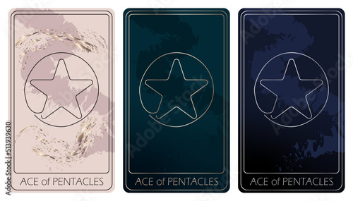 Ace of Pentacles.A card of Minor arcana one line drawing tarot cards. Tarot deck. Vector linear hand drawn illustration with occult, mystical and esoteric symbols. 3 colors.Proposional to 2,75x4,75 in