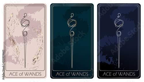 Ace of Wands. A card of Minor arcana one line drawing tarot cards. Tarot deck. Vector linear hand drawn illustration with occult, mystical and esoteric symbols. 3 colors. Proposional to 2,75x4,75 in.