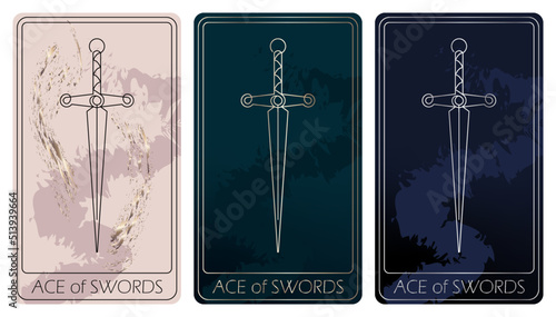Ace of Swords. A card of Minor arcana one line drawing tarot cards. Tarot deck. Vector linear hand drawn illustration with occult, mystical and esoteric symbols. 3 colors. Proposional to 2,75x4,75 in.