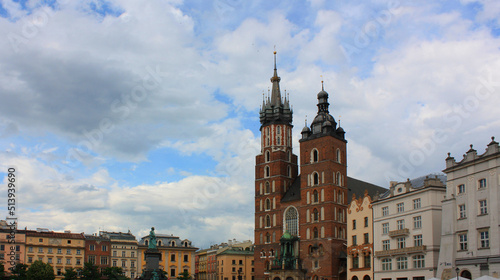 Church of St. Mary in the main market square (Rynek Glowny) in the city of Krakow in Poland 