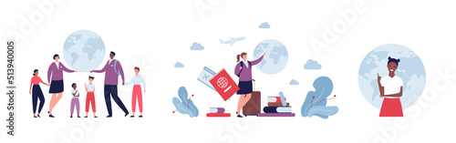 Education abroad and global child travel concept. Vector flat people illustration set. Group of multiethnic kid character in casual and uniform. Planet earth, id, ticket and book symbol.