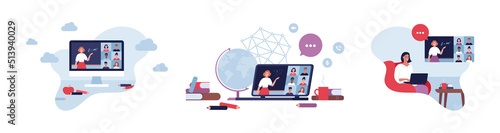 Online education concept. Vector flat design people illustration set. Webinar training class on laptop screen. Multietnic male and female student avatar. Coffee, book, globe symbol.