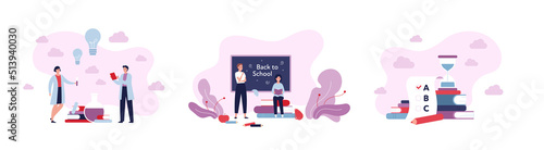 Education and back to school concept. Vector flat people illustration set. Group of multiethnic character. Teenager in lab coat. Black board, test tube, lightbulb, book, exam and hourglass symbol.