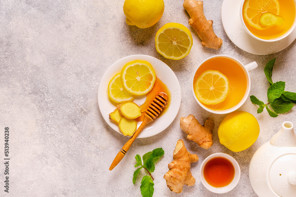 Green tea with lemon, ginger and honey. Green tea with lemon, ginger and honey.