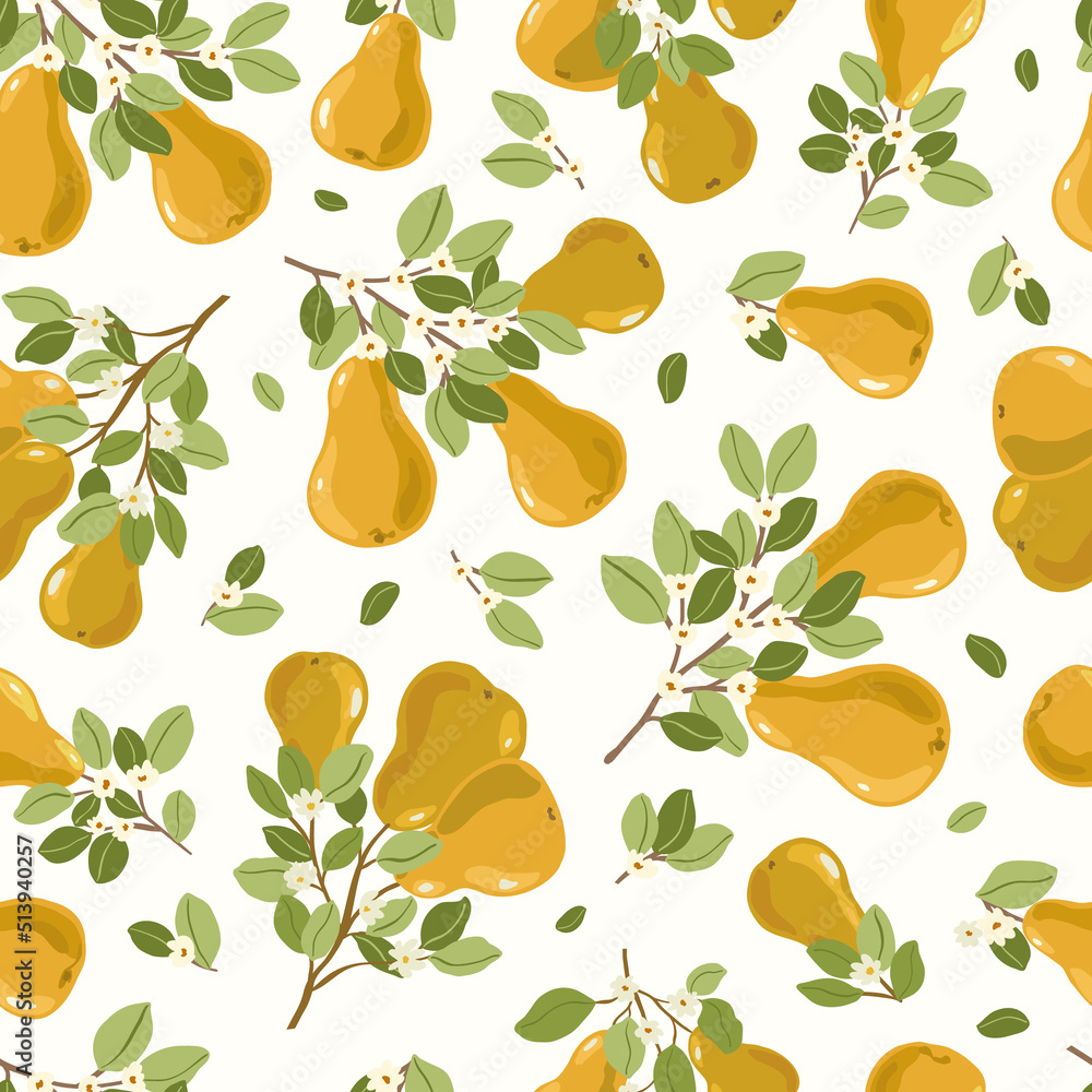 Obraz premium Fruit Garden seamless pattern, hand drawn vector branch with fruits, flowers and leaves digital paper, repeating background for fabric, textile, wallpaper, stationery