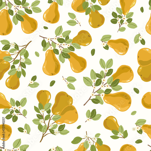 Fruit Garden seamless pattern, hand drawn vector branch with fruits, flowers and leaves digital paper, repeating background for fabric, textile, wallpaper, stationery