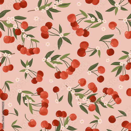 Fruit Garden seamless pattern, hand drawn vector branch with fruits, flowers and leaves digital paper, repeating background for fabric, textile, wallpaper, stationery