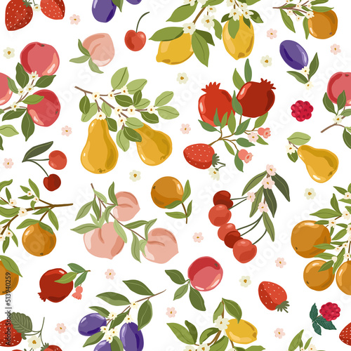 Fruit Garden seamless pattern  hand drawn vector branch with fruits  flowers and leaves digital paper  repeating background for fabric  textile  wallpaper  stationery