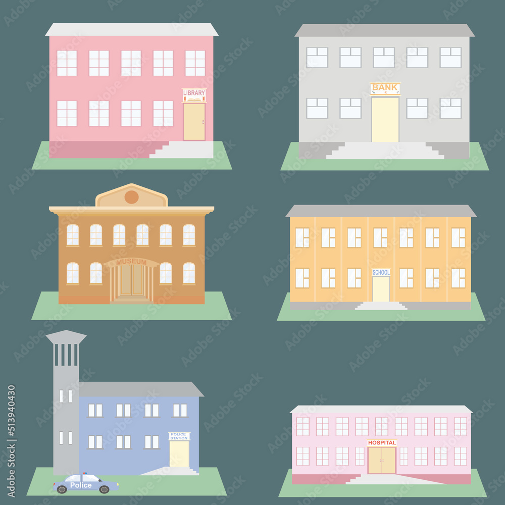 school, library, police station, hospital, museum buildings