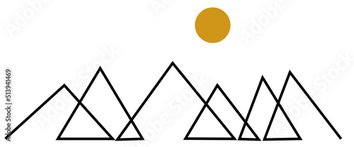Modern minimalist simple landscape abstraction: silhouette (line sketch) of mountains and the sun. Without background