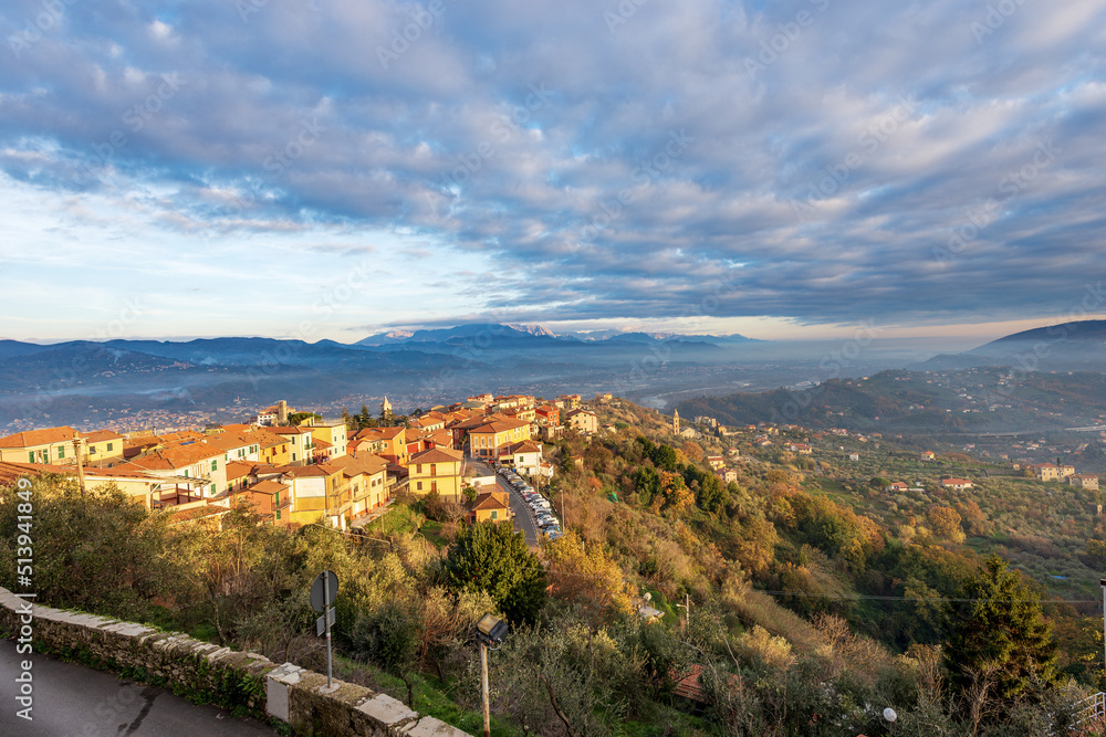 Ancient village of Vezzano Ligure in La Spezia province, Liguria, Italy, Europe. On background the mountain range of Apennines and Apuan Alps (Appennini and Alpi Apuane), Magra valley (Val di Magra).