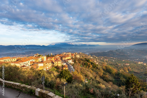 Ancient village of Vezzano Ligure in La Spezia province, Liguria, Italy, Europe. On background the mountain range of Apennines and Apuan Alps (Appennini and Alpi Apuane), Magra valley (Val di Magra).