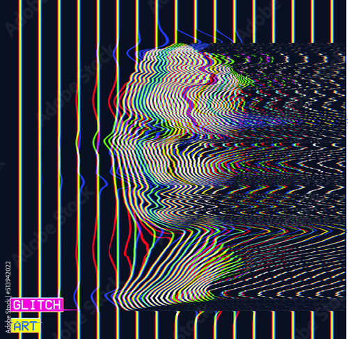 Vector glitch art in RGB offset colored oscillator line halftone illustration from 3D rendering of  female classical head sculpture on black background.