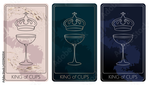 King of Cups. A card of Minor arcana one line drawing tarot cards. Tarot deck. Vector linear hand drawn illustration with occult, mystical and esoteric symbols. 3 colors. Proposional to 2,75x4,75 in.