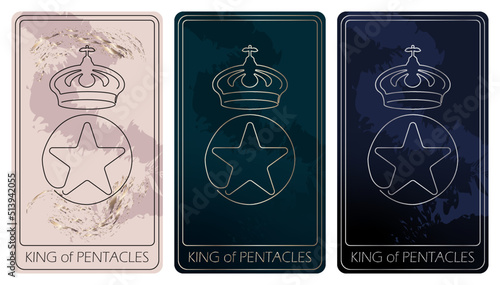 King of Pentacles. A card of Minor arcana one line drawing tarot cards. Tarot deck. Vector hand drawn illustration with occult, mystical and esoteric symbols. 3 colors. Proposional to 2,75x4,75 in.
