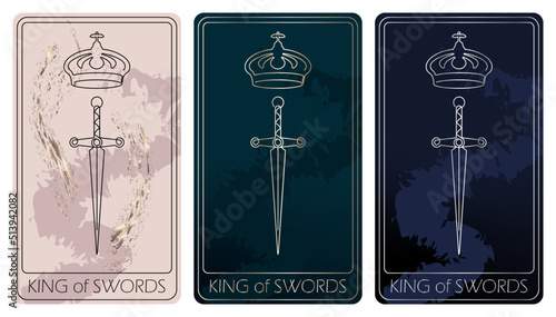 King of Swords. A card of Minor arcana one line drawing tarot cards. Tarot deck. Vector linear hand drawn illustration with occult, mystical and esoteric symbols. 3 colors.Proposional to 2,75x4,75 in.