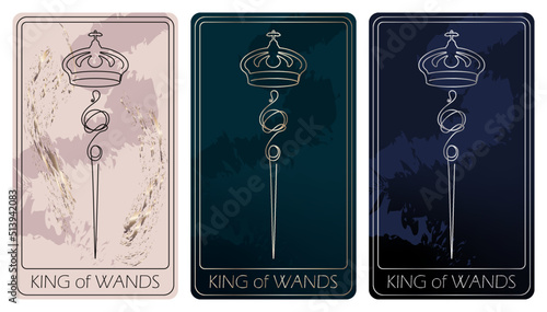 King of Wands. A card of Minor arcana one line drawing tarot cards. Tarot deck. Vector linear hand drawn illustration with occult, mystical and esoteric symbols. 3 colors. Proposional to 2,75x4,75 in.