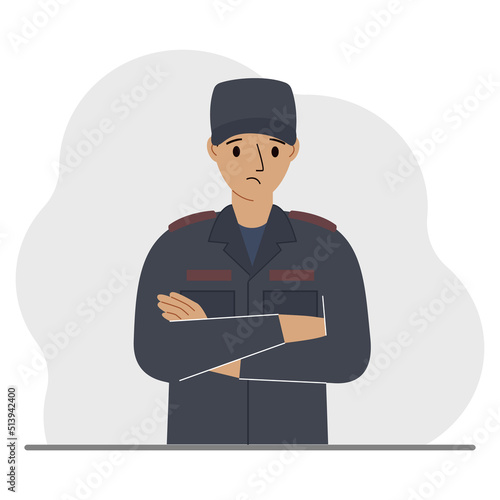 Police man. Profession policeman, security guard, patrolman in uniform.