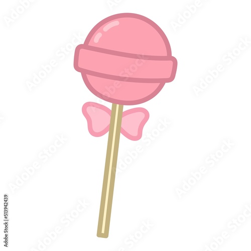 Pink lollypop with bow. Hand drawn illustration in cartoon style. Vector isolated on white background.