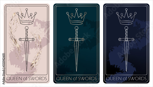 Queen of Swords. A card of Minor arcana one line drawing tarot cards. Tarot deck. Vector linear hand drawn illustration with occult, mystical and esoteric symbols. 3 colors.Proposional to 2,75x4,75 in
