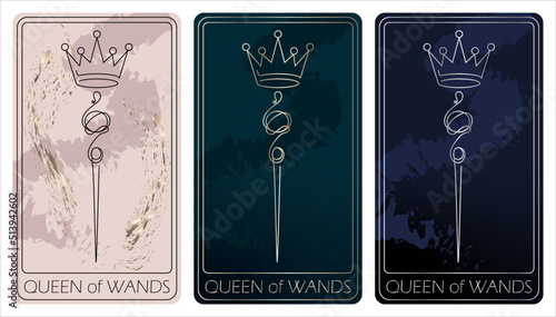 Queen of Wands. A card of Minor arcana one line drawing tarot cards. Tarot deck. Vector linear hand drawn illustration with occult, mystical and esoteric symbols. 3 colors. Proposional to 2,75x4,75 in