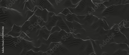 Abstract background with distorted line shapes on a black background. Monochrome sound line waves.