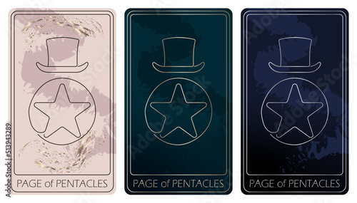 Page of Pentacles. A card of Minor arcana one line drawing tarot cards. Vector linear hand drawn illustration with occult, mystical and esoteric symbols. 3 colors. Proposional to 2,75x4,75 in.
