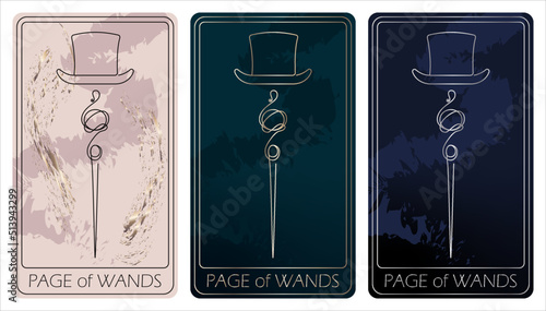 Page of Wands. A card of Minor arcana one line drawing tarot cards. Tarot deck. Vector linear hand drawn illustration with occult, mystical and esoteric symbols. 3 colors. Proposional to 2,75x4,75 in.