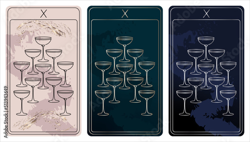 10 of Cups. A card of Minor arcana one line drawing tarot cards. Tarot deck. Vector linear hand drawn illustration with occult, mystical and esoteric symbols. 3 colors. Proposional to 2,75x4,75 in.