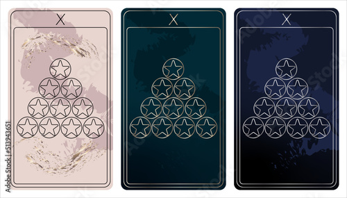 10 of Pentacles. A card of Minor arcana one line drawing tarot cards. Tarot deck. Vector linear hand drawn illustration with occult, mystical and esoteric symbols. 3 colors.Proposional to 2,75x4,75 in