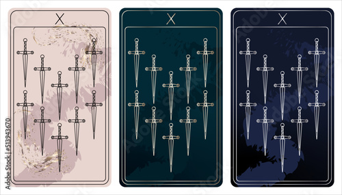 10 of Swords. A card of Minor arcana one line drawing tarot cards. Tarot deck. Vector linear hand drawn illustration with occult, mystical and esoteric symbols. 3 colors. Proposional to 2,75x4,75 in.