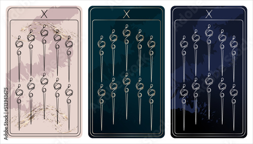10 of Wands. A card of Minor arcana one line drawing tarot cards. Tarot deck. Vector linear hand drawn illustration with occult, mystical and esoteric symbols. 3 colors. Proposional to 2,75x4,75 in.