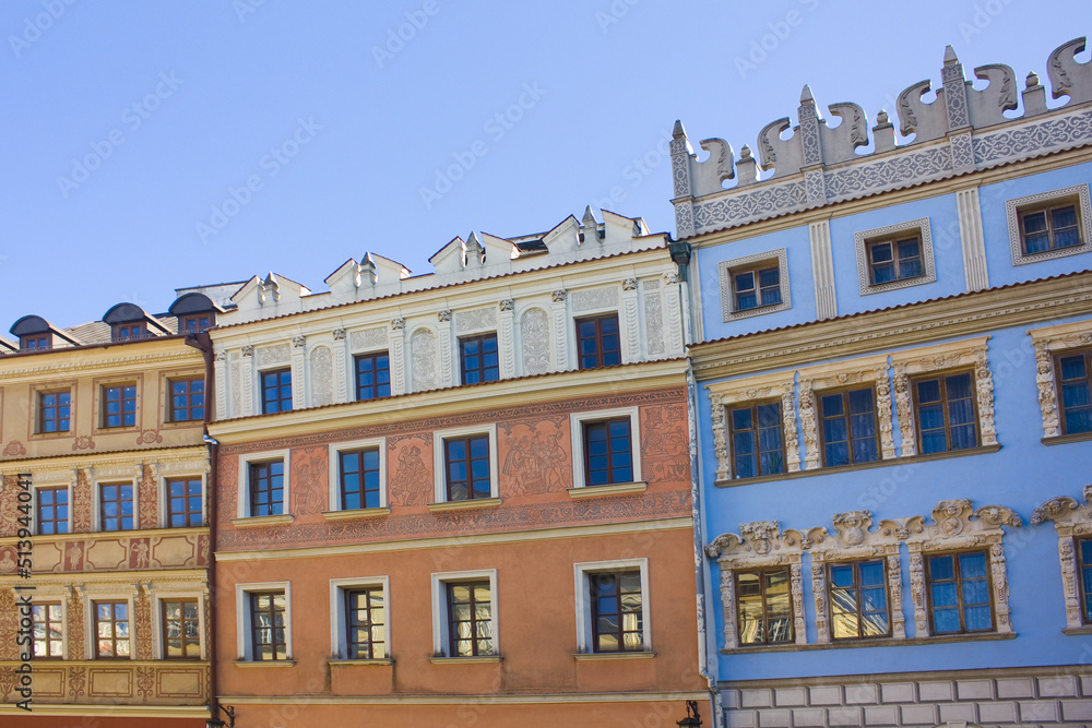 Facades of old buildings on the Market Square in Lublin, Poland	