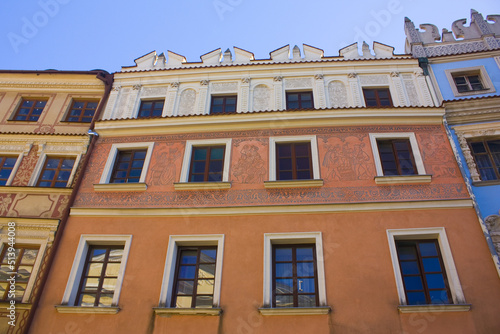 Facades of old buildings on the Market Square in Lublin, Poland 