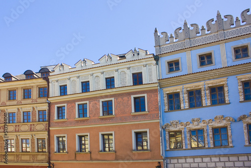 Facades of old buildings on the Market Square in Lublin, Poland 