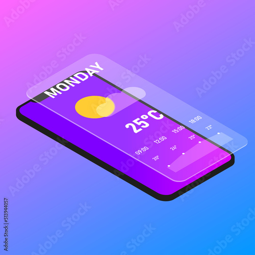 Web page of the application Weather for phone in isometry. Weather for every day in the phone. Glassmorphic effect, blur, frosted glass