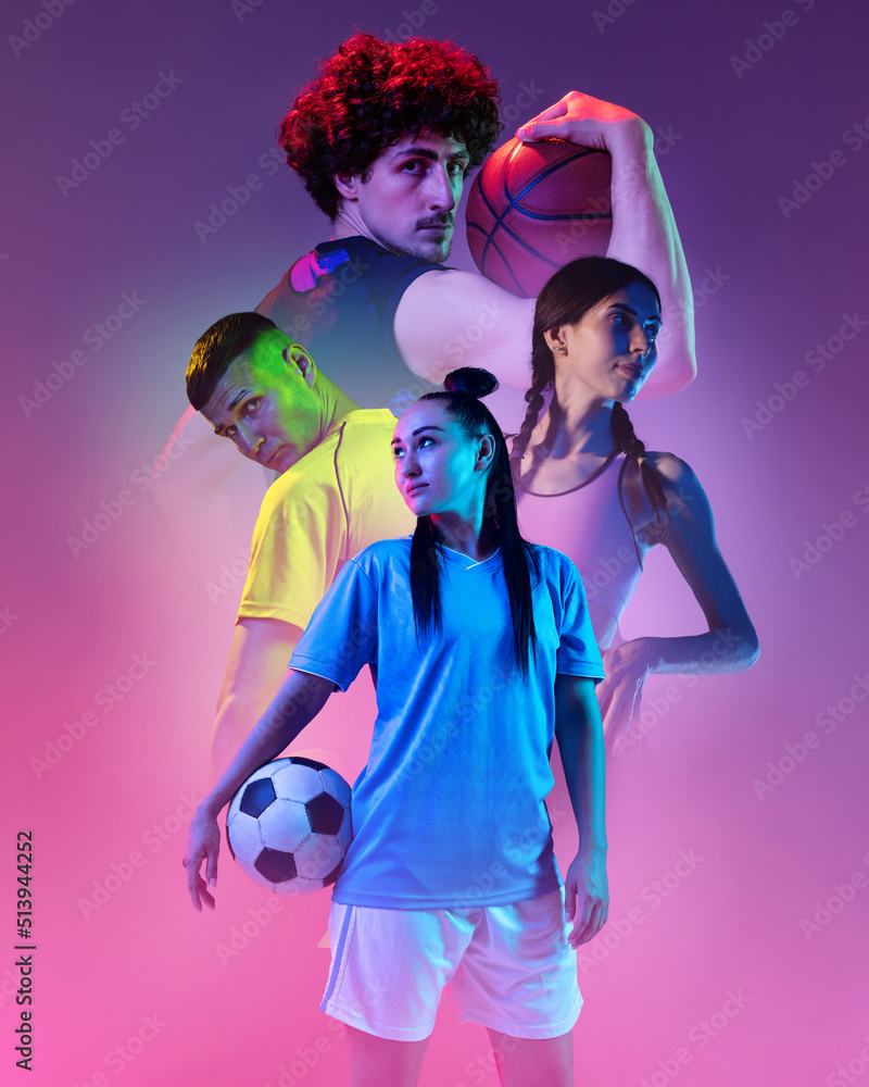 Creative collage with professional sportsmen, soccer and basketball players over purple smoky background. Sport, team, competition, ad concept - obrazy, fototapety, plakaty 