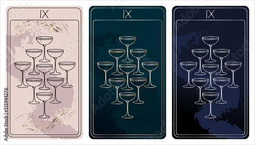 9 of Cups. A card of Minor arcana one line drawing tarot cards. Tarot deck. Vector linear hand drawn illustration with occult, mystical and esoteric symbols. 3 colors. Proposional to 2,75x4,75 in.