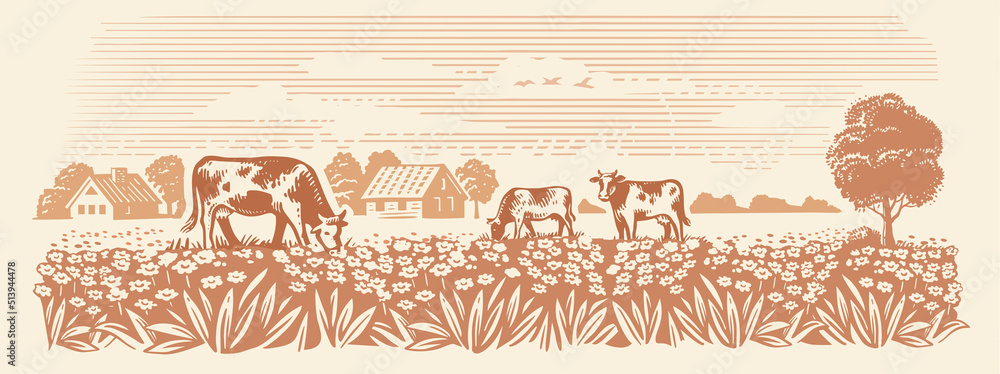 Village and landscape vector farm with cows Stock Vector | Adobe Stock