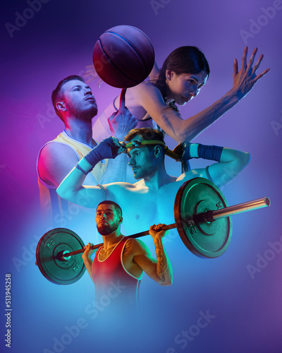 Composite image with professional sportsmen, runner and basketball players, weightlifter over purple smoky background. Sport, team, competition, ad concept
