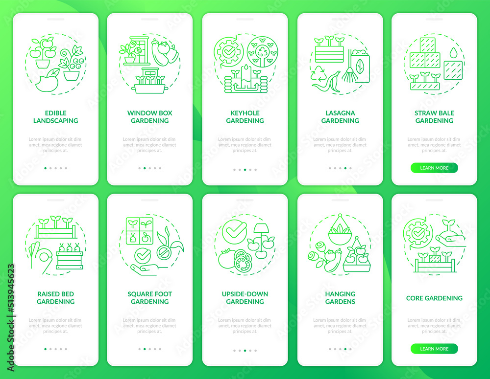 Gardening methods green gradient onboarding mobile app screen set. Planting walkthrough 5 steps graphic instructions with linear concepts. UI, UX, GUI template. Myriad Pro-Bold, Regular fonts used