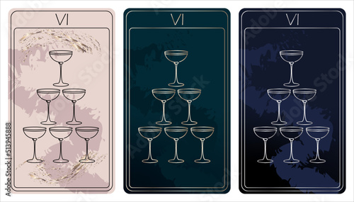 6 of Cups. A card of Minor arcana one line drawing tarot cards. Tarot deck. Vector linear hand drawn illustration with occult, mystical and esoteric symbols. 3 colors. Proposional to 2,75x4,75 in.