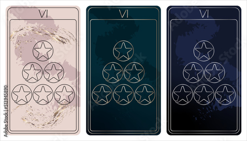 6 of Pentacles. A card of Minor arcana one line drawing tarot cards. Tarot deck. Vector linear hand drawn illustration with occult, mystical and esoteric symbols. 3 colors. Proposional to 2,75x4,75 in